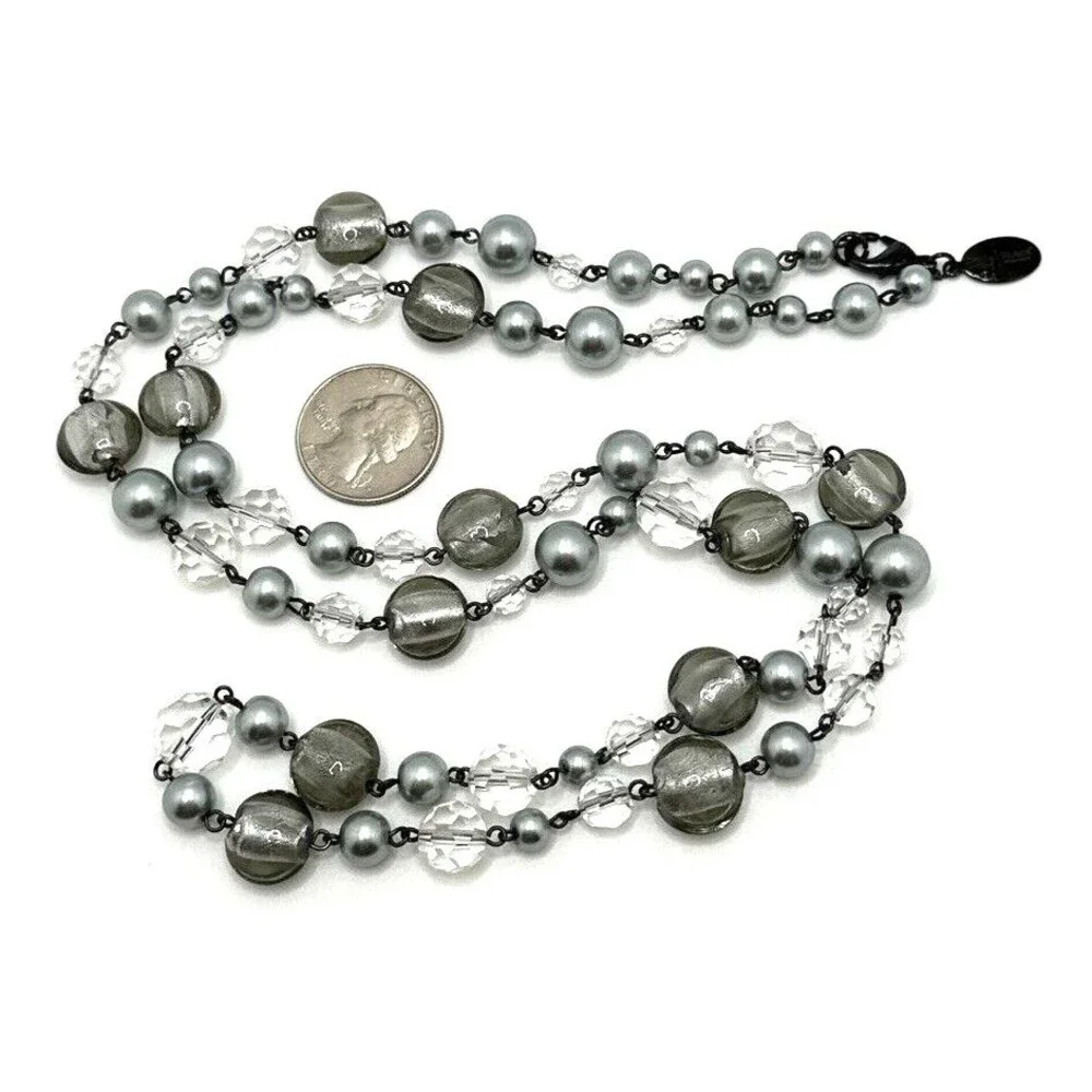 White House Black Market Station Necklace Gray Clear Glass Bead Long 35
